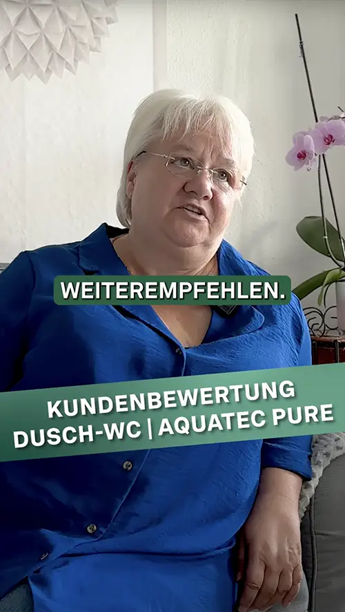 Sie erklärt den WC Aufsatz mit Reinigungsfunktion und Wärmelufttrocknung und will es nicht mehr missen